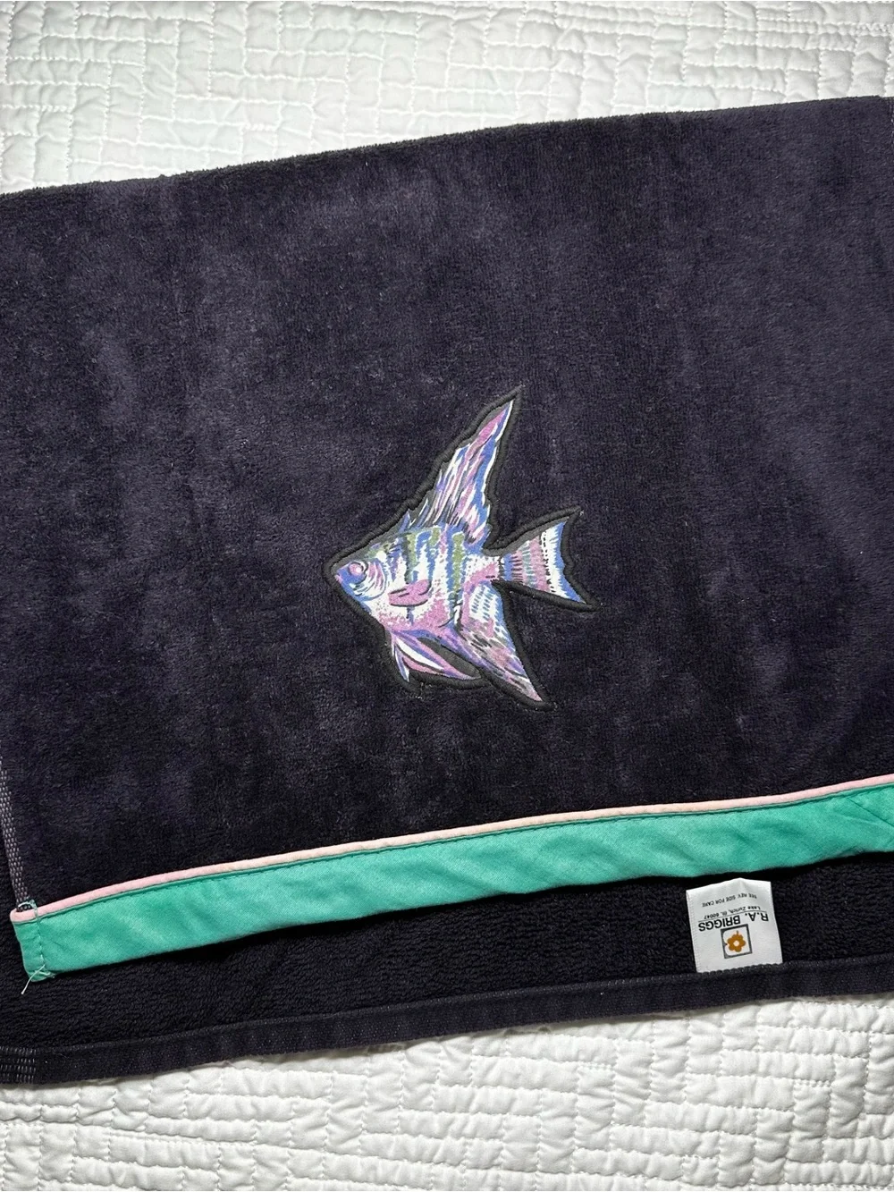 R.A. Briggs Cotton Hand Towel Embroidered Fish Navy/Teal 15 x 26 in